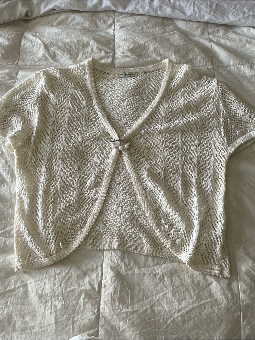 Open-Knit Short Sleeve Cropped Cardigan - Cream